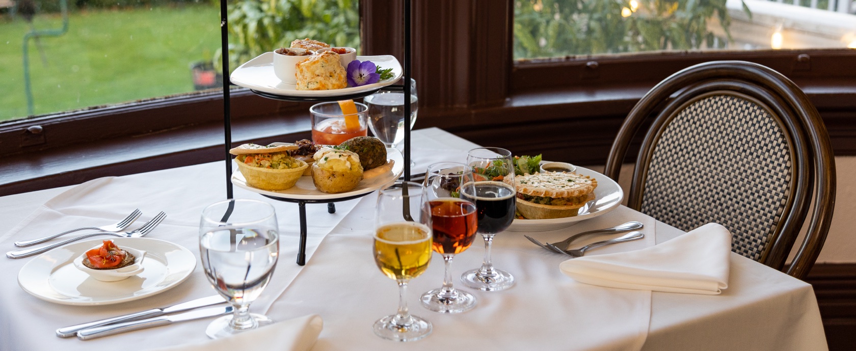 Delicious evening meal, pastries, salad, and drinks