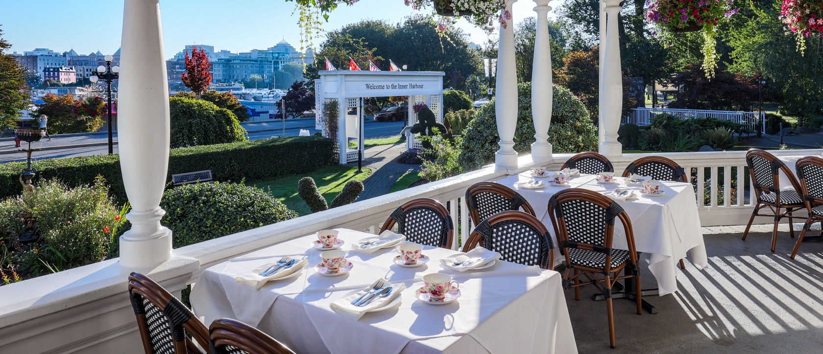 Pendray Tea House patio and view of Inner Harbour